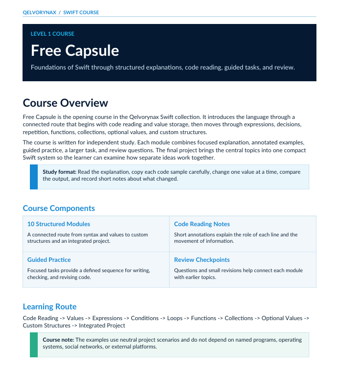 A digital document page outlining the course overview for 'Free Capsule' from the 'Oryxthna / Swift Course'. The page features a dark blue header and uses a light blue and white layout with structured modules, code reading notes, guided practice, learning route, and course notes.