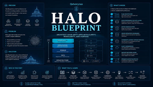 A dark blue digital infographic titled 'HALO BLUEPRINT' with multiple panels containing text, icons, and architectural-style diagrams related to software development or app architecture.