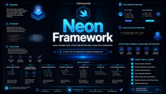 A promotional infographic for the 'Neon Framework' by Qelvormyn, featuring a dark navy and black background with glowing blue and white text, technical diagrams, and feature callouts.