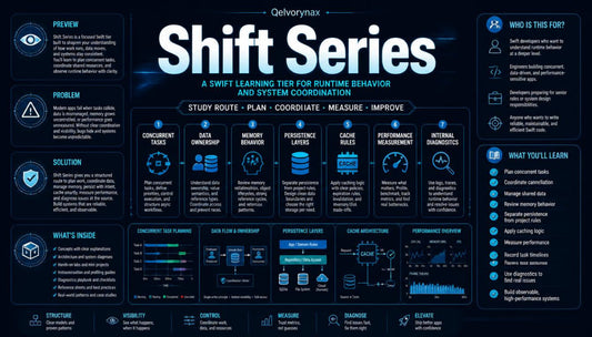 A dark blue and black digital infographic titled 'Shift Series' by Qelvynox, outlining a Swift learning tier for runtime behavior and system coordination, with sections for preview, problem, solution, what's inside, and what you'll learn.