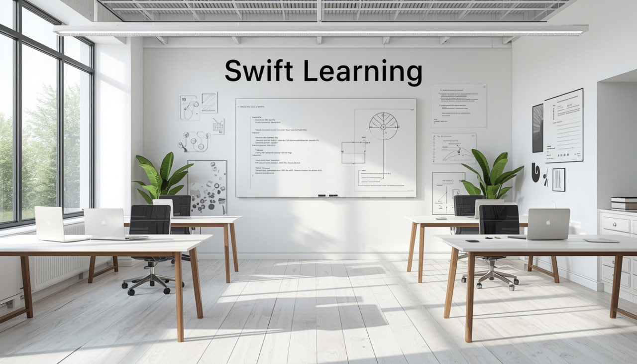 A bright, modern office interior with large windows, white desks, black office chairs, and a whiteboard on the back wall with the text 'Swift Learning' in bold black letters. The room has a clean, minimalist aesthetic with light wood flooring and several potted green plants.