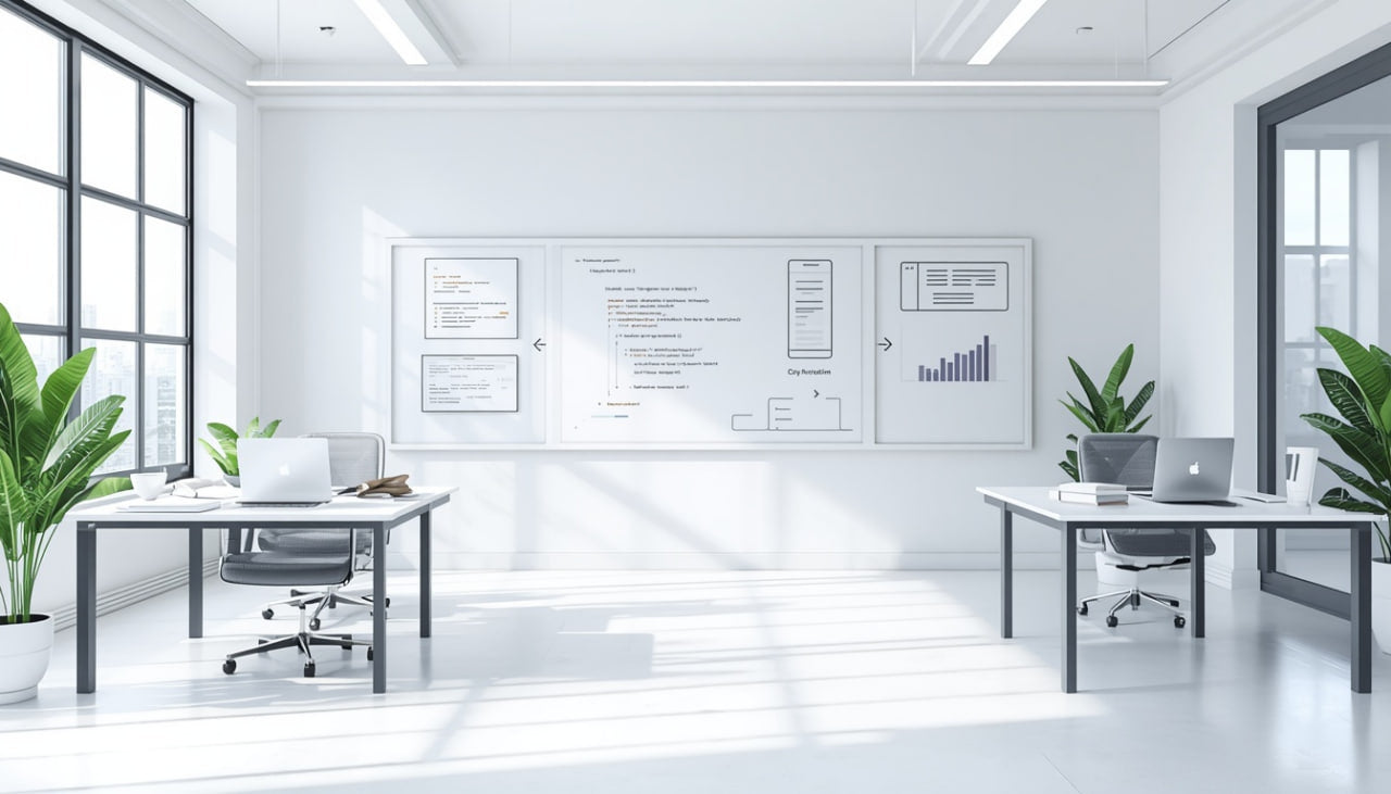 A bright, modern office interior with two white desks, black office chairs, laptops, potted green plants, and a large whiteboard on the back wall with charts and diagrams.