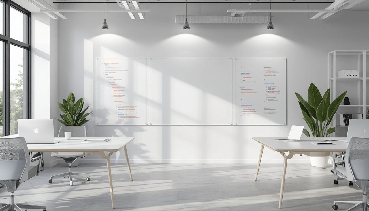 A bright, modern office interior with white walls, large windows, hanging pendant lights, whiteboards with handwritten notes, desks, chairs, and several green potted plants.