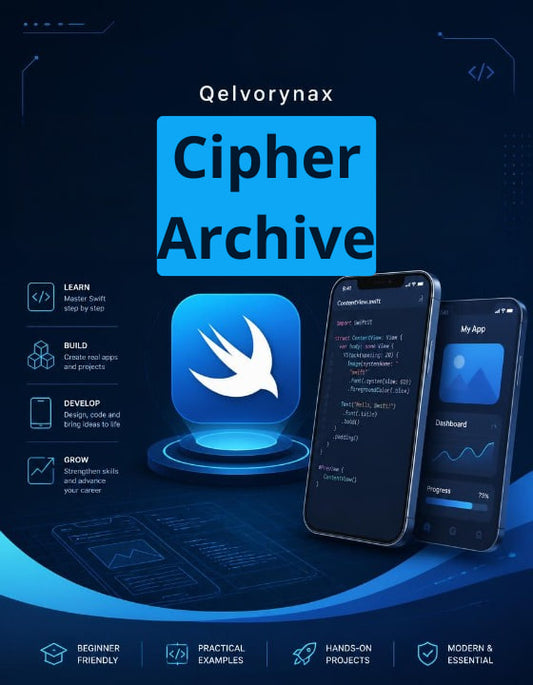 Promotional graphic for 'Qelvorynax Cipher Archive' showing a large blue app-style icon with a white bird logo, two smartphones displaying dashboard screens, and text highlighting learning and development benefits on a dark blue futuristic background.