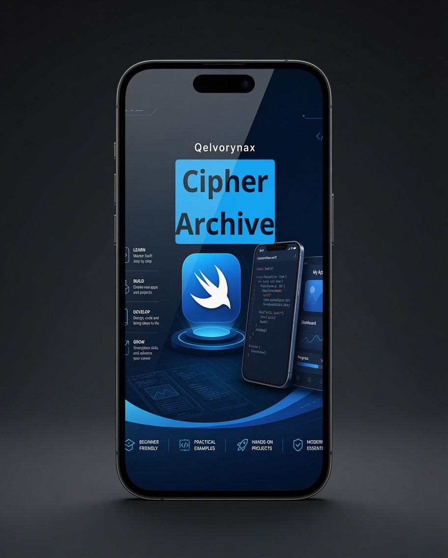 A black smartphone centered on a dark gray background, displaying a digital app interface for 'Qelvorynax Cipher Archive' with blue and white graphics on the screen.