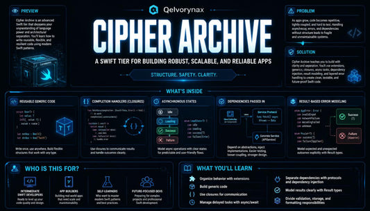 A dark blue and black infographic poster titled 'CIPHER ARCHIVE' with the Qelvynax logo at the top, featuring multiple panels with text, diagrams, and icons related to software architecture and app development.