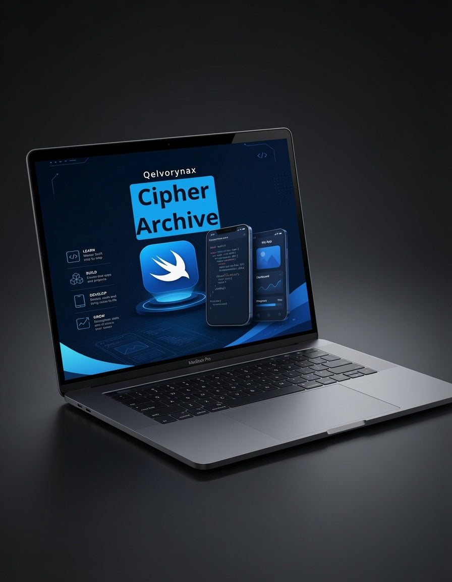 A silver laptop on a dark studio background, open and angled to show the screen. The screen displays the Qelvorynax Cipher Archive software interface with blue graphics and app mockups.