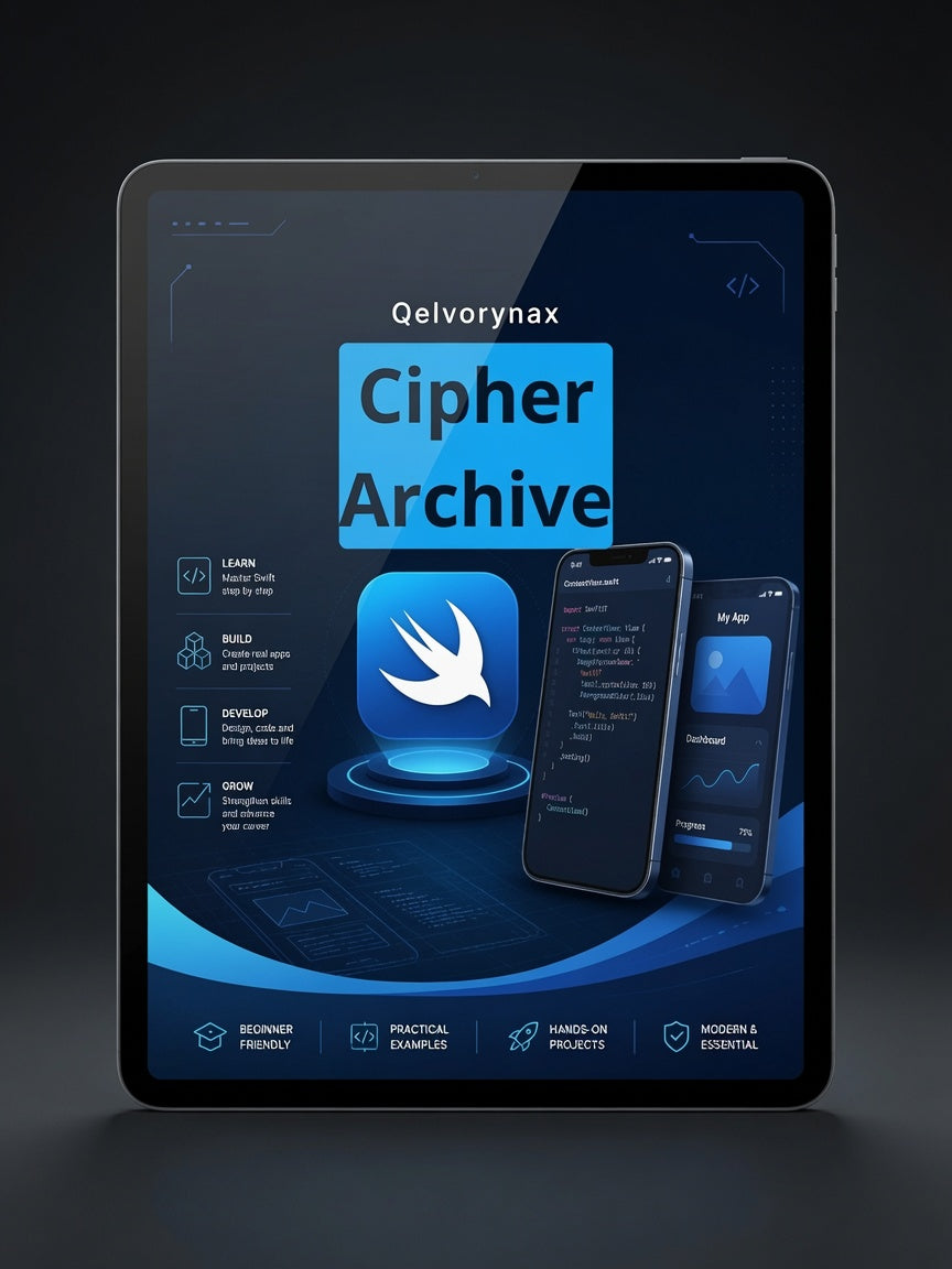 A tablet device displaying a digital app interface for 'Qelvrynax Cipher Archive' in dark blue tones, shown on a dark studio background.