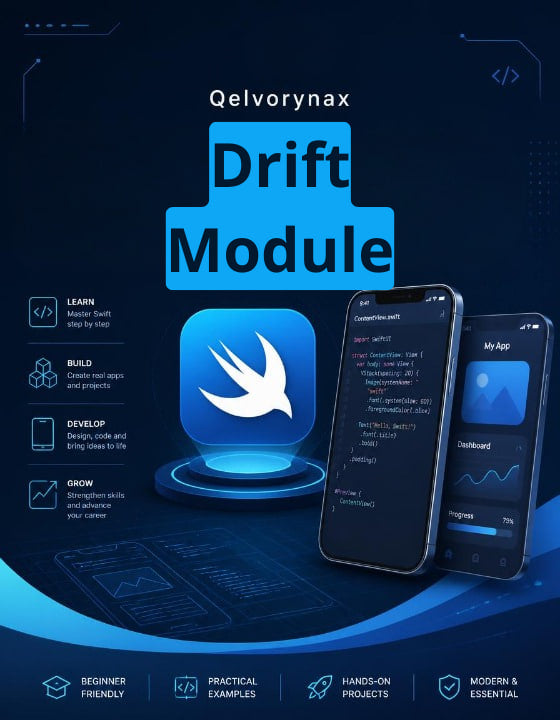 Promotional graphic for Qelvorynax Drift Module, featuring a blue software app icon, two smartphones displaying code and dashboard screens, and text highlighting learning and development benefits on a dark blue futuristic background.
