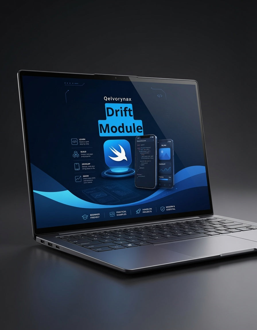A silver laptop on a dark surface displaying a software interface for 'Qelvornax Drift Module' on its screen.