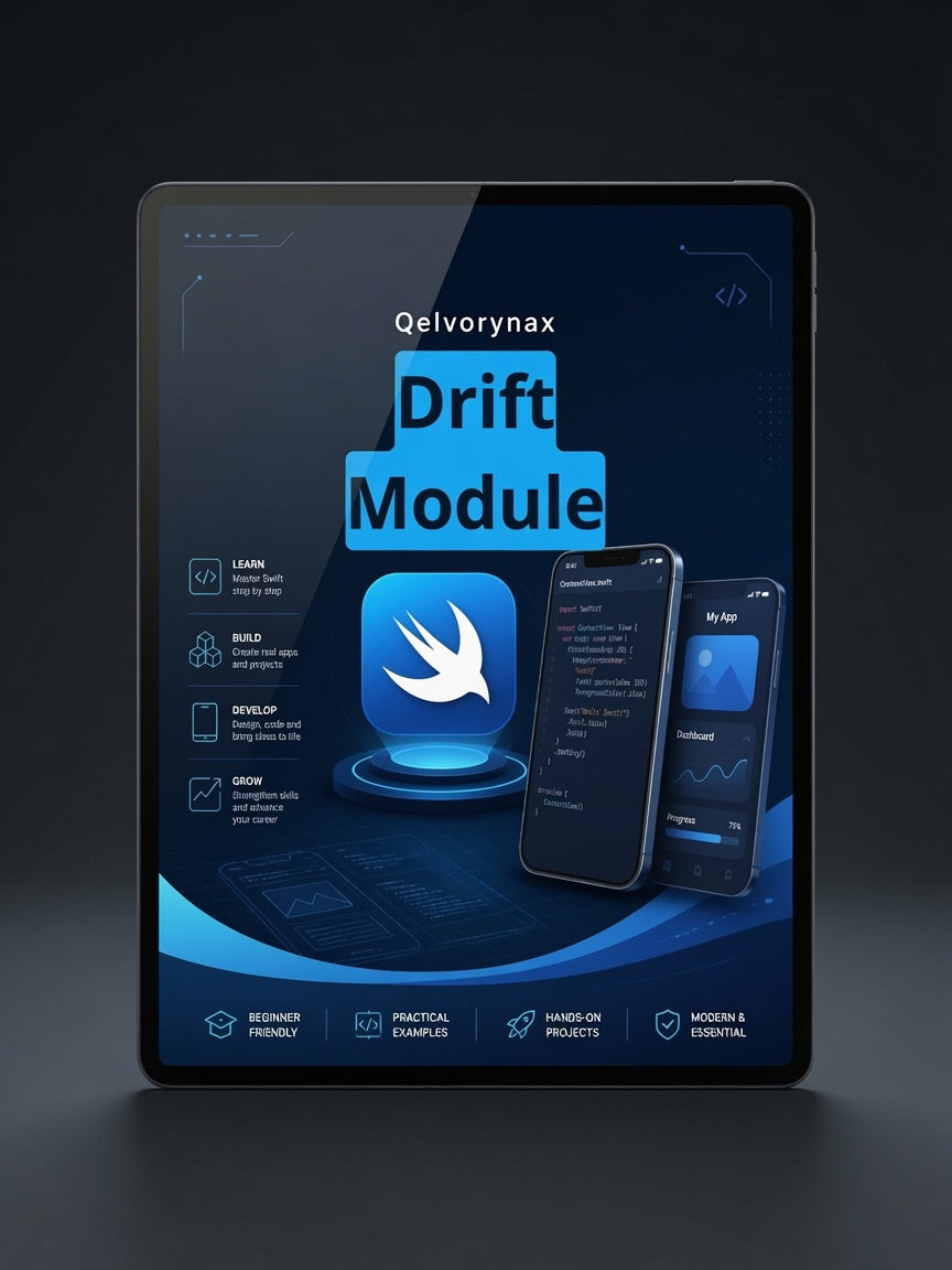 A tablet device displaying a software interface for 'Qelvorynax Drift Module' with blue and black graphics, phone mockups, and UI elements on a dark studio background.