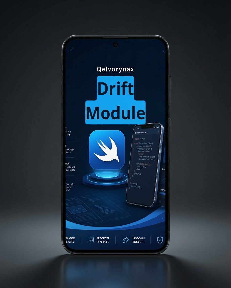 A smartphone centered on a dark studio background, displaying a blue software/app interface titled 'Qelvorynax Drift Module' with a small secondary phone mockup on the screen.