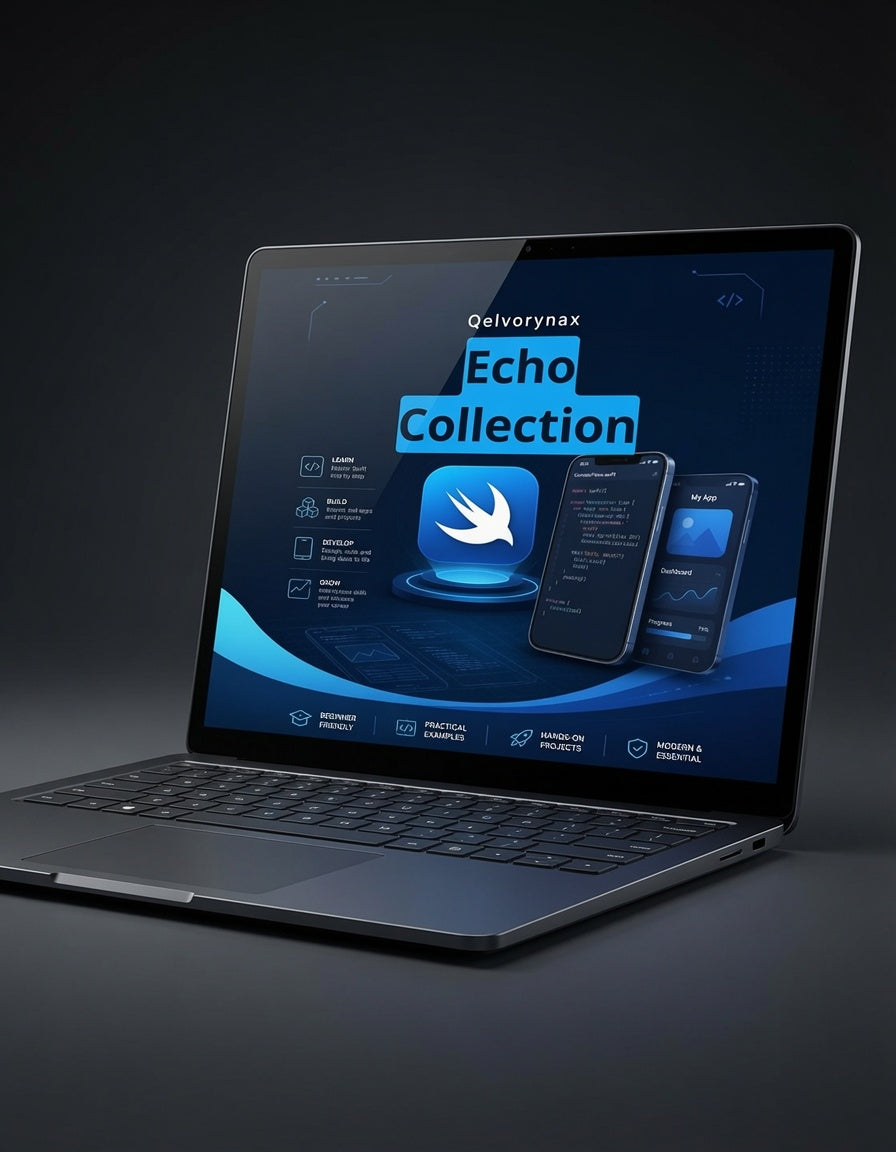 A dark gray laptop displaying a digital software interface titled 'Qelvornax Echo Collection' on its screen, set against a dark studio background.
