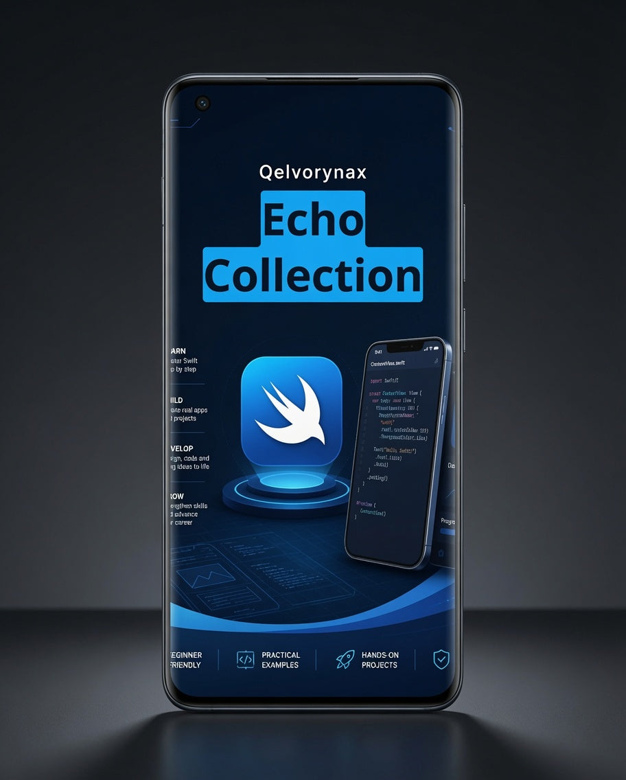 A smartphone centered on a dark studio background, displaying a blue app-style promotional screen for 'Qelvorynax Echo Collection' with a large bird icon and smaller phone mockups.