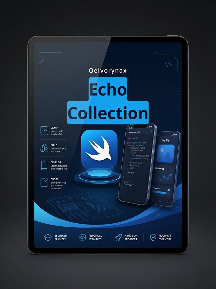 A tablet device displaying a dark blue software or app interface titled 'Qevrynax Echo Collection' with smartphone mockups and blue graphic elements, set against a dark studio background.