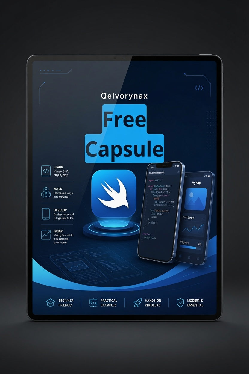 A tablet device displaying a promotional app interface for Qelvorynax Free Capsule, with blue and black graphics and two smartphone mockups on the screen, set against a dark studio background.