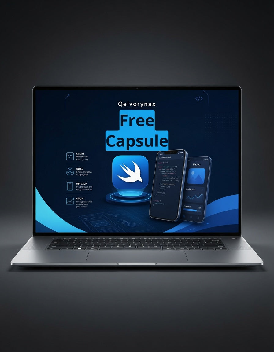 A silver laptop on a dark studio background, displaying a promotional app-style graphic for 'Qelvorynax Free Capsule' on its screen, with two smartphone mockups shown on the screen.