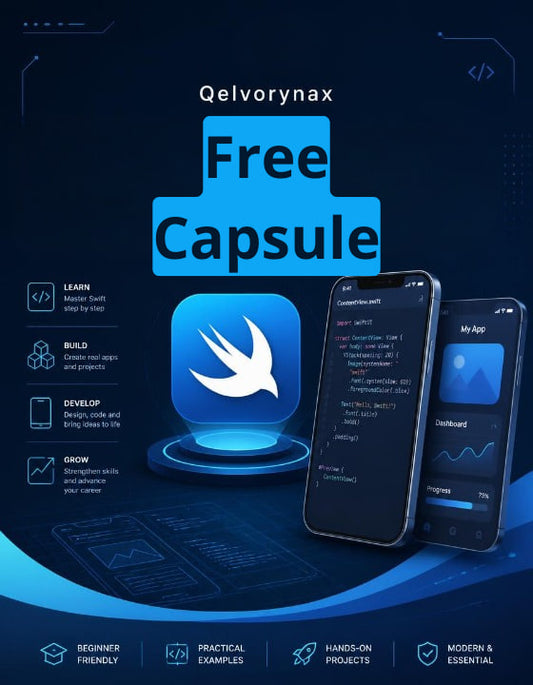 Promotional graphic for Qelvorynax Free Capsule, featuring a blue software app icon, two smartphones displaying dashboards, and text highlighting learning and development benefits on a dark blue futuristic background.