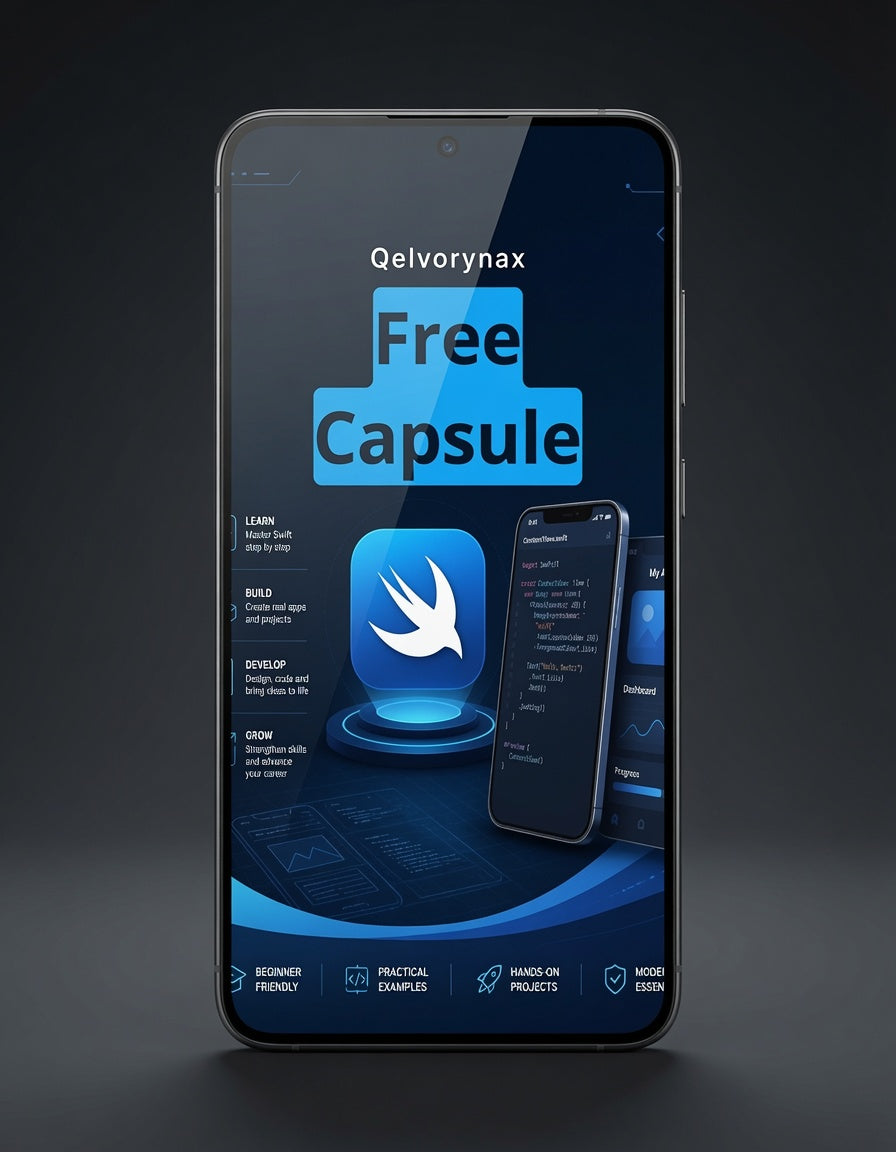 A smartphone centered on a dark studio background, displaying a promotional app screen for Qelvorynax Free Capsule with blue graphics and a bird logo.