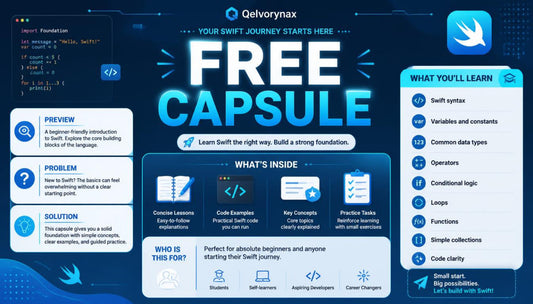 Promotional graphic for a free Swift course by Qelvynmax, featuring a dark blue background with light blue and white text, code snippets, and course details on the left and right panels.