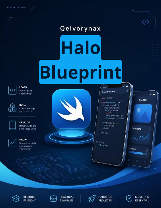Promotional graphic for Qelvorynax Halo Blueprint, featuring a central blue app-style icon with a white bird logo, two smartphones displaying dashboard screens, and text highlighting learning and development benefits on a dark blue futuristic background.