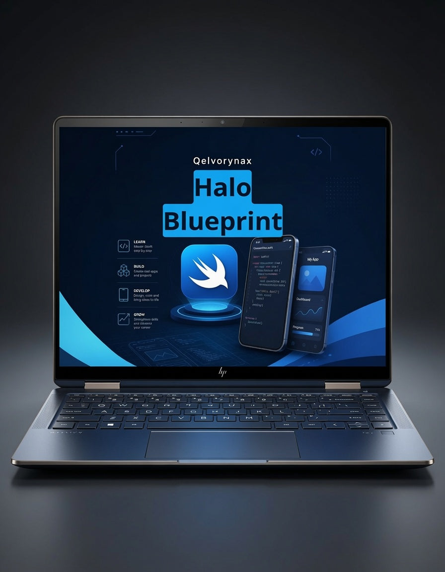 A dark gray HP laptop on a black background, displaying a digital screen mockup for 'Qelvynax Halo Blueprint' with blue and white graphics and two smartphone screens.