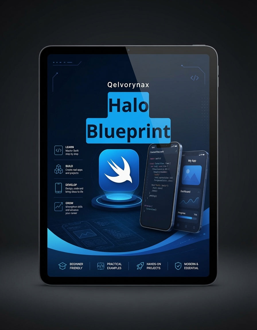 A tablet device centered on a dark background, displaying a digital promotional graphic for 'Qelvrynax Halo Blueprint' with app interface mockups on the screen.