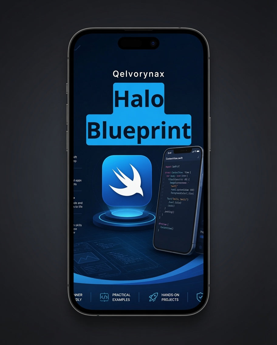A smartphone centered on a dark background, displaying a blue app-style interface with the text 'Qelvorynax Halo Blueprint' and a large bird logo. The phone itself appears to be a demo device showing a digital product or app preview rather than a physical product shot.