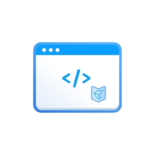 A flat vector icon of a blue computer window with code symbols and a small shield logo on a white background.