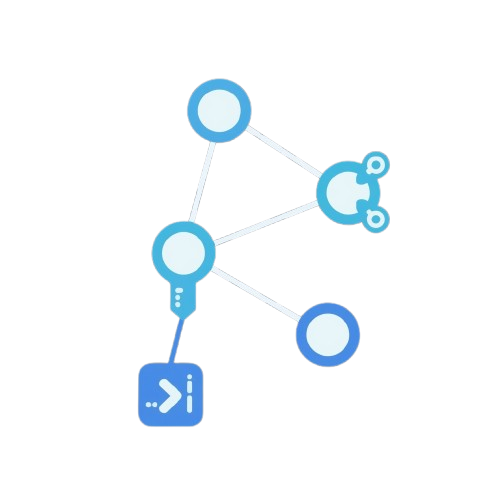 A minimalist digital vector icon depicting a network or workflow, featuring light blue and medium blue circles connected by thin lines to a blue terminal window symbol, set against a solid white background.