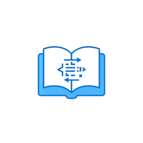 A blue outline icon of an open book with code brackets and arrows inside, centered on a plain white background.