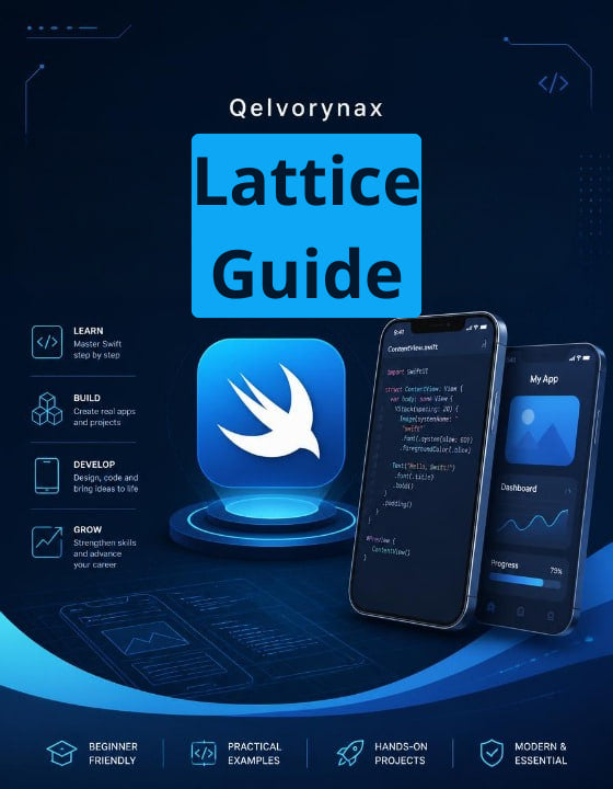 Promotional graphic for 'Qelvorynax Lattice Guide' featuring a blue software-style app icon, two smartphones displaying dashboards, and text outlining learning benefits on a dark blue futuristic background.