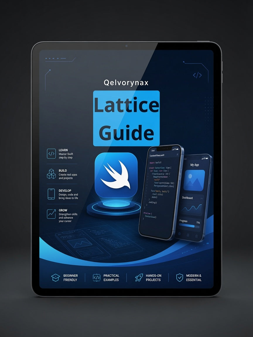 A tablet device displaying a blue and black digital cover titled 'Qelvynax Lattice Guide,' with smartphone mockups and course icons on the screen, set against a dark studio background.