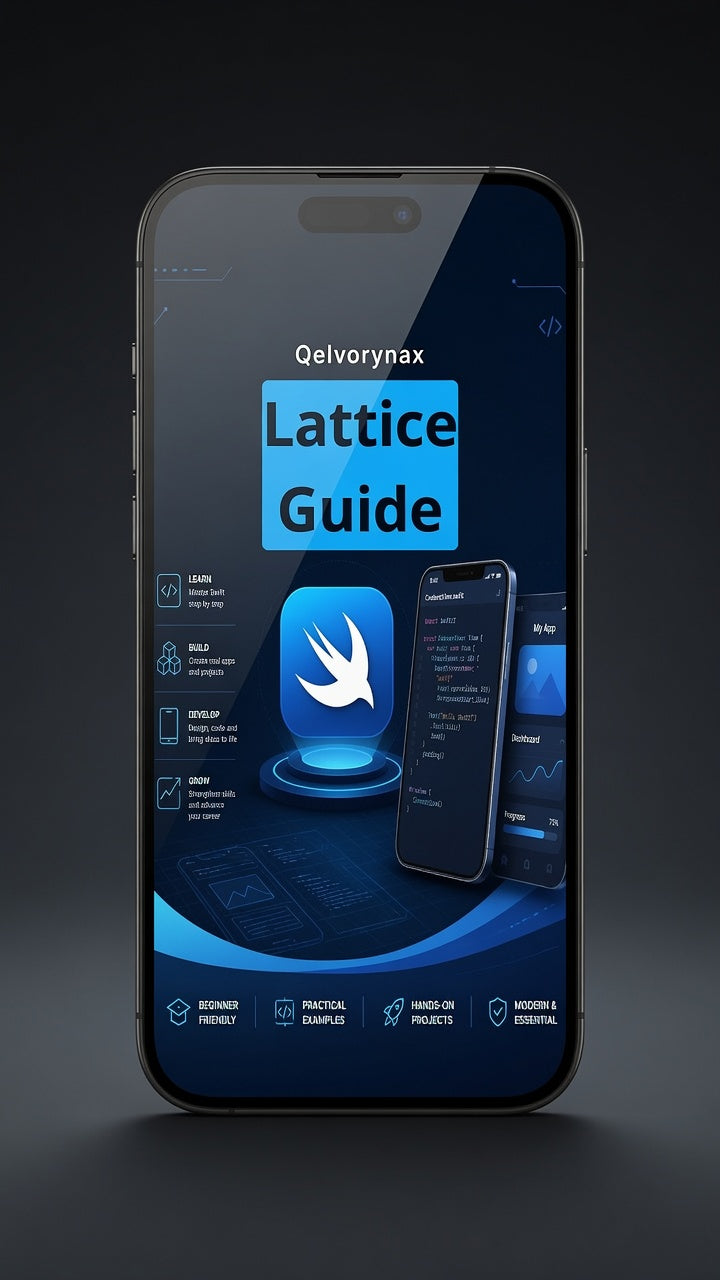 A smartphone centered on a dark studio background, displaying a blue and black app-style interface titled 'Qelvorynax Lattice Guide' with a bird logo and additional on-screen graphics.