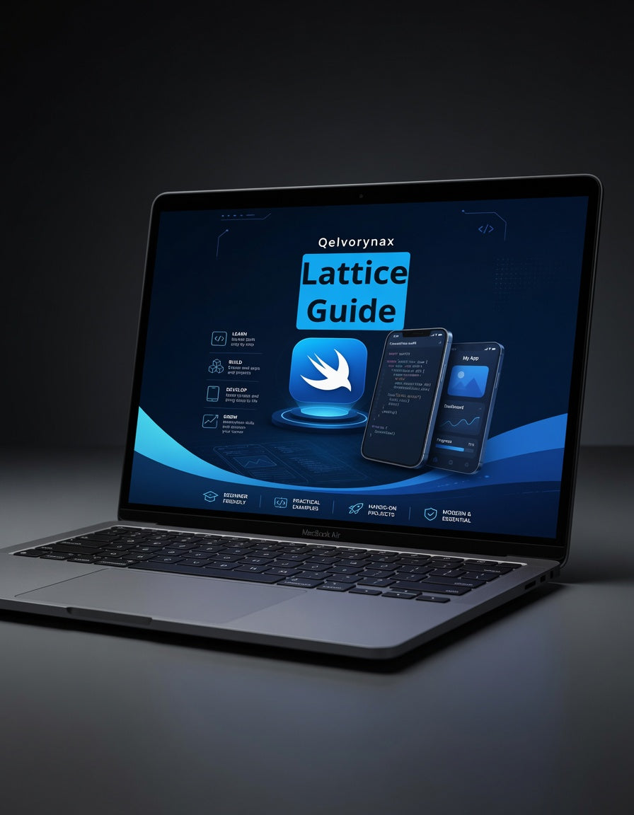 A silver laptop on a dark surface displaying a software interface titled 'Qelvorynax Lattice Guide' with blue graphics and mockup screens, set against a dark studio background.