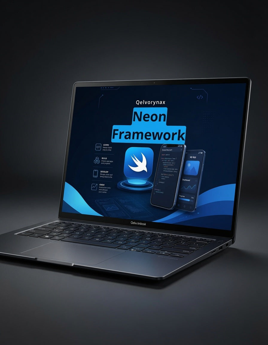 A dark gray laptop shown open on a black studio background, with the screen displaying the 'Qelvrymax Neon Framework' software interface and mockup devices.