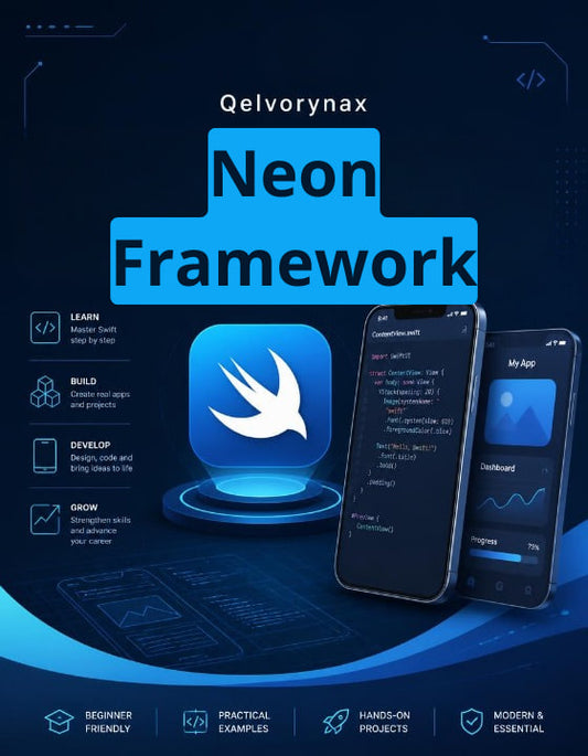 Promotional graphic for the Qelvorynax Neon Framework, featuring a blue software icon, two smartphone mockups displaying app screens, and text highlighting learning and development benefits on a dark blue futuristic background.