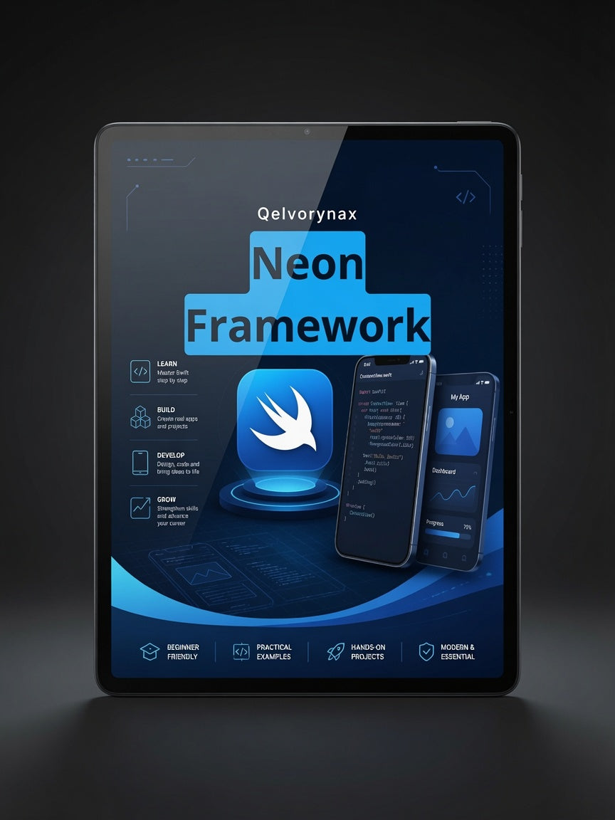 A tablet device displaying a promotional graphic for the 'Qelvorynax Neon Framework' on a dark studio background.