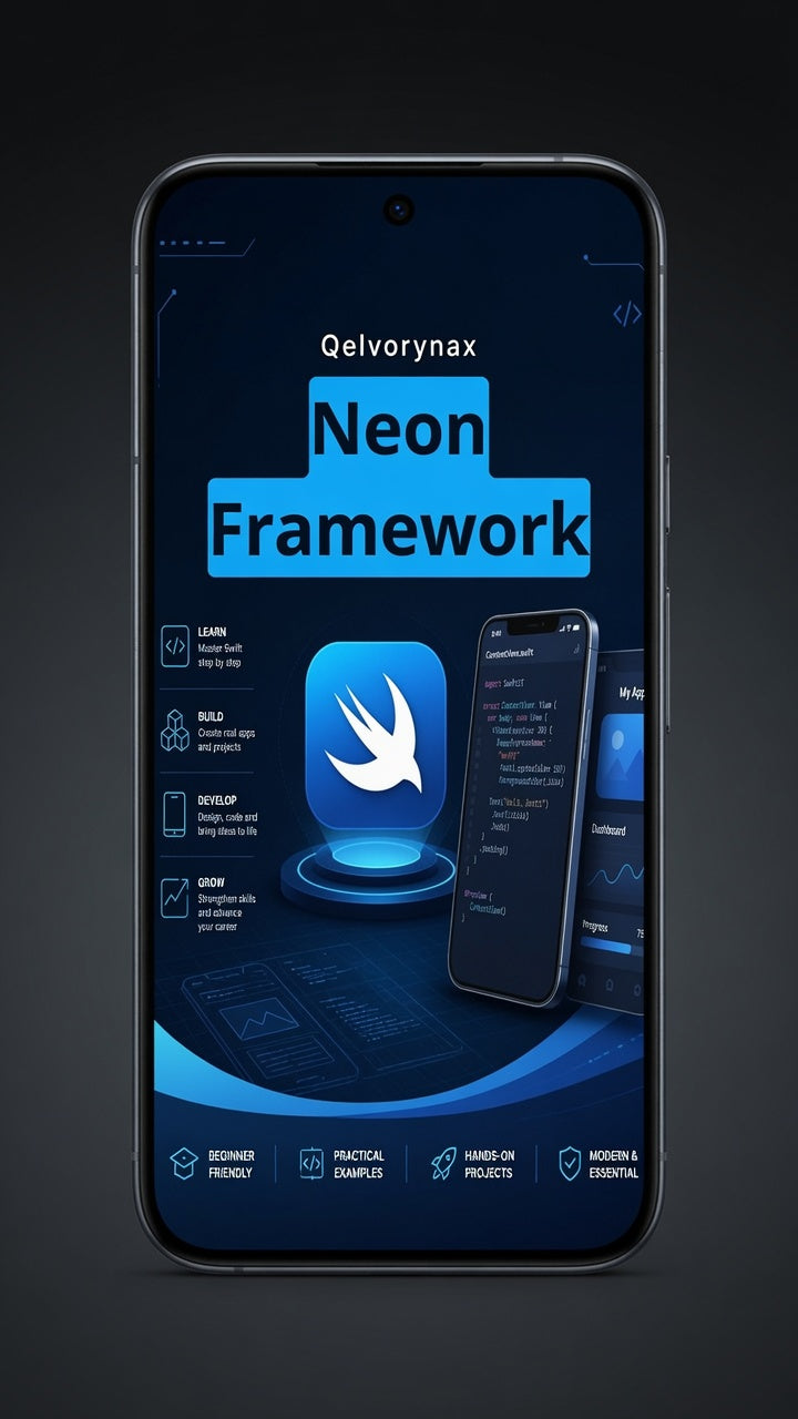 A smartphone centered on a dark background, displaying a blue and black app interface with the text 'Qelvorynax Neon Framework' and a bird logo.