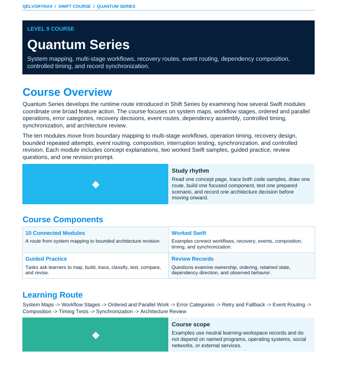 A digital document page outlining the 'Quantum Series' Level 2 Course from the Delveo/Shift Swift / Quantum Series curriculum, featuring course overview, components, learning route, and scope in a clean blue and white layout.