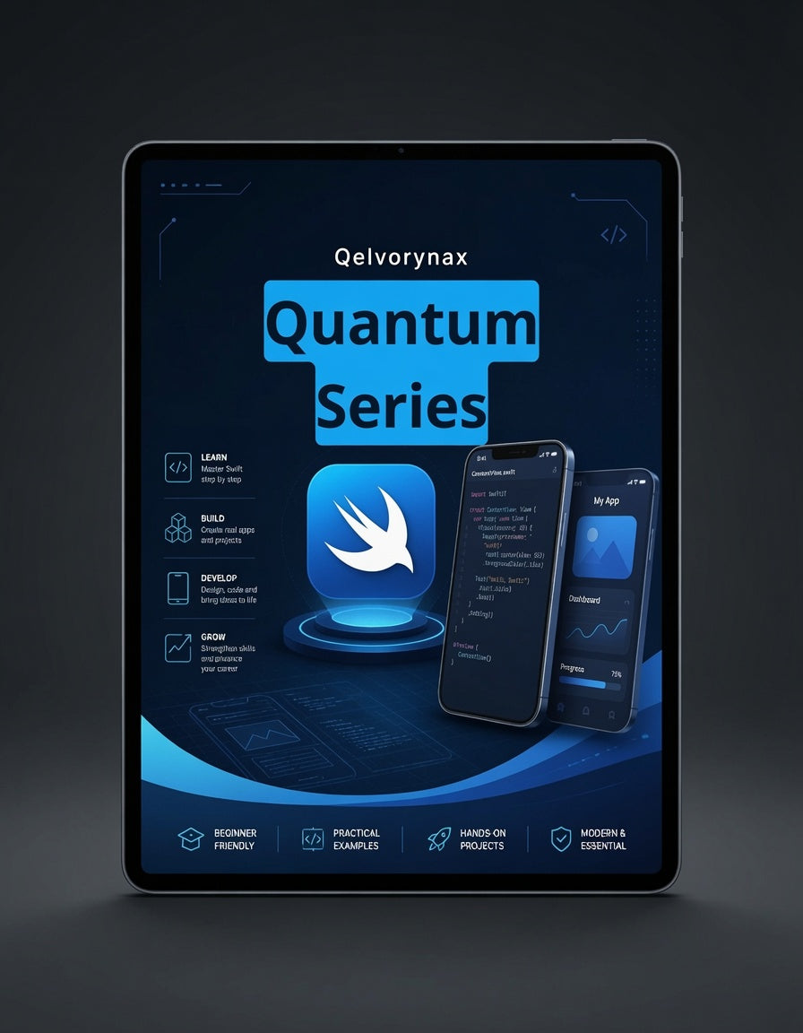 A tablet device displaying a software or app interface titled 'Qelvorynax Quantum Series' in blue and black, shown against a dark studio background.