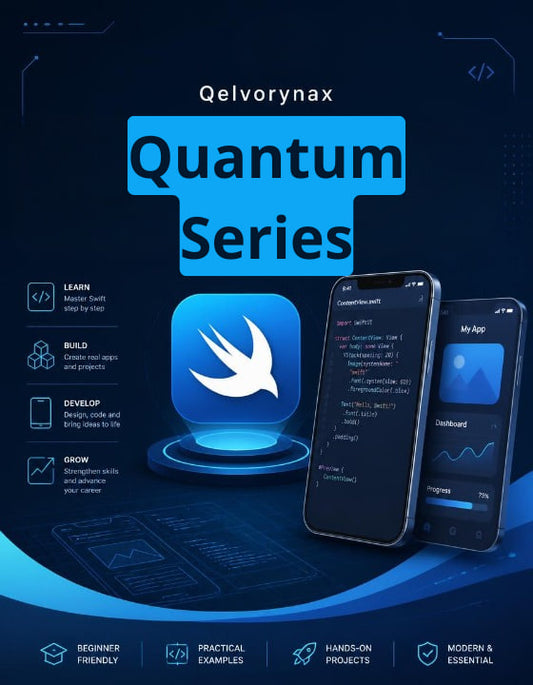 Promotional graphic for the Qelvorynax Quantum Series, featuring a central glowing blue software icon with a white bird logo, two smartphones displaying app screens, and text highlighting learning and development benefits on a dark blue futuristic background.