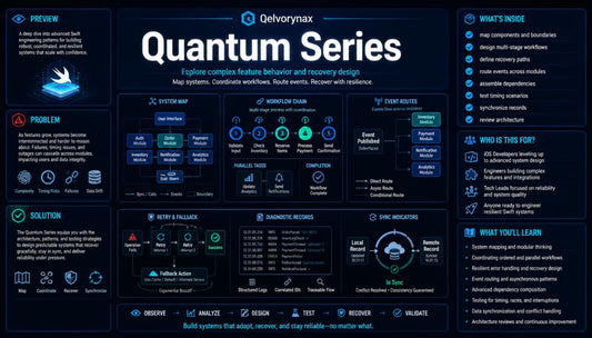 A dark navy digital infographic titled 'Quantum Series' by Qelvynax, showing a structured system design and debugging flowchart with icons, text blocks, and diagrams on a black background.