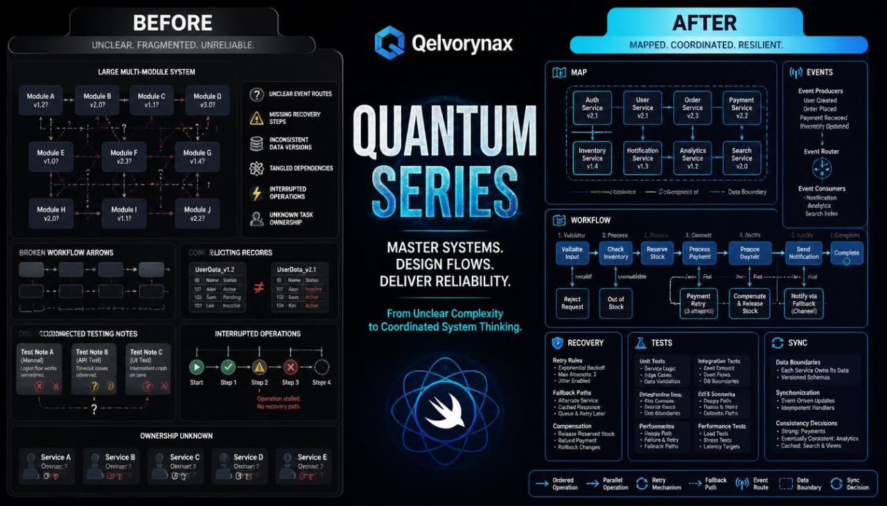 A promotional infographic for the Qelvorynax Quantum Series, showing a dark 'Before' state on the left and an organized 'After' state on the right, with large central text reading 'QUANTUM SERIES' and the Qelvorynax logo.