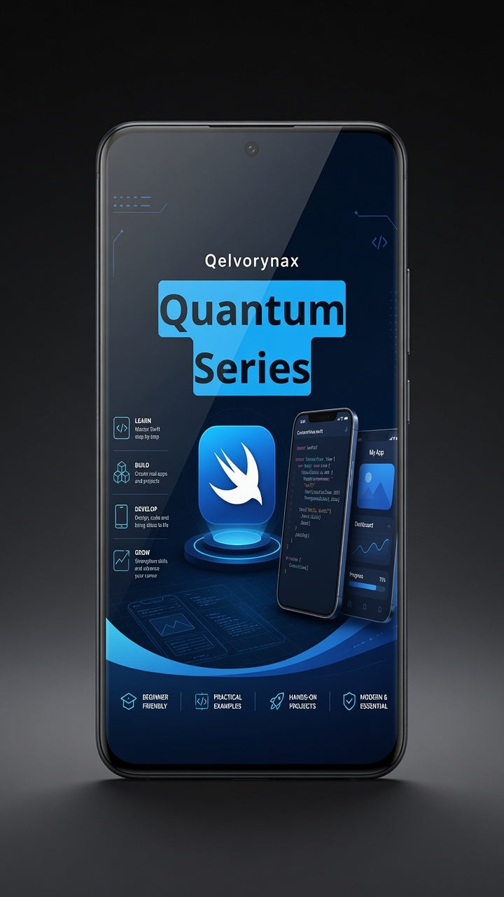 A smartphone centered on a dark studio background, displaying a blue and black app or software interface with the text 'Qelvorynax Quantum Series' and a bird logo.
