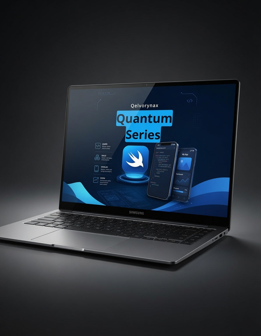 A Samsung laptop on a dark studio background, displaying a software interface for 'Delivrynax Quantum Series' on its screen.