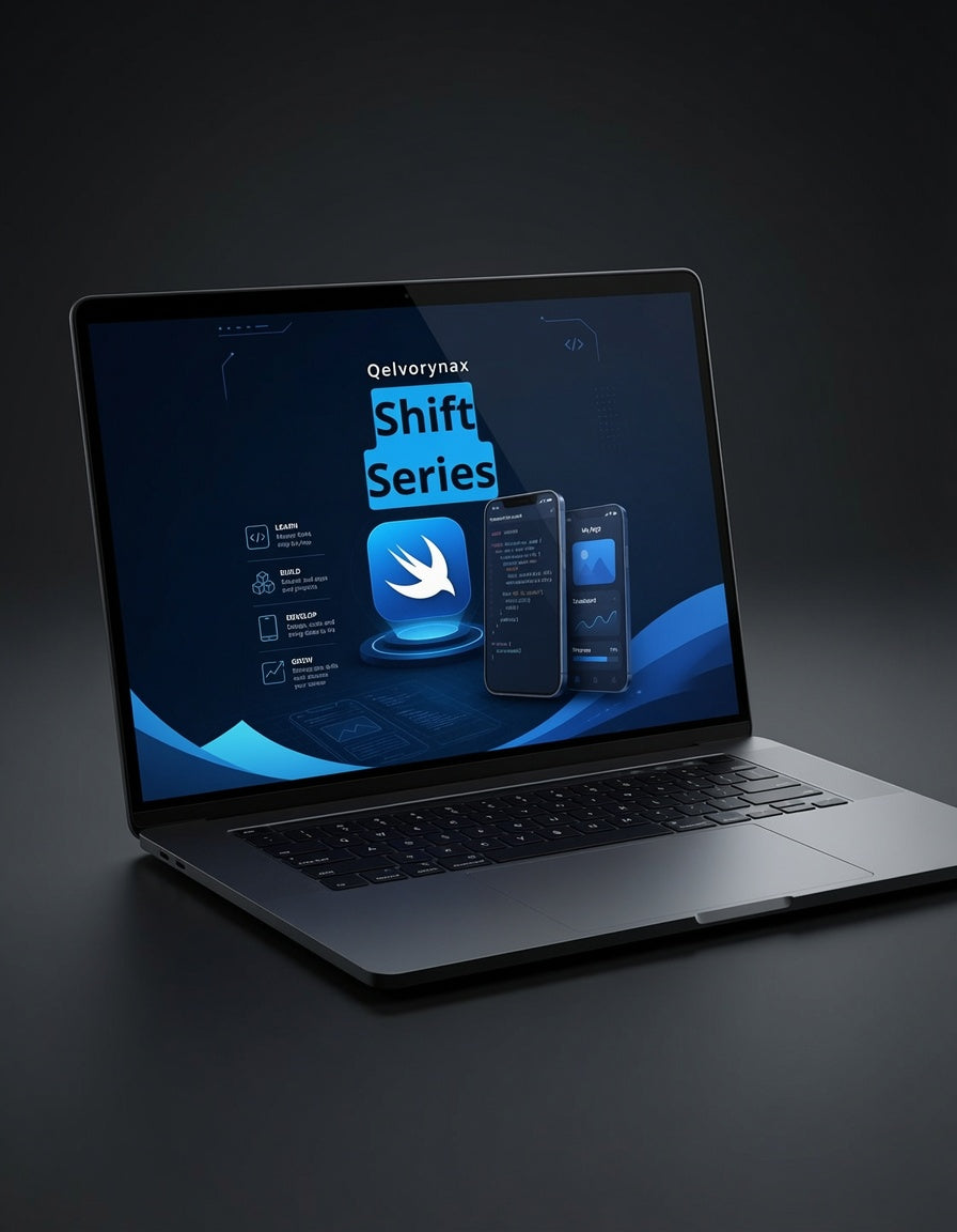 A dark gray laptop on a black surface displaying a software interface for 'Qelivormax Shift Series' on its screen.