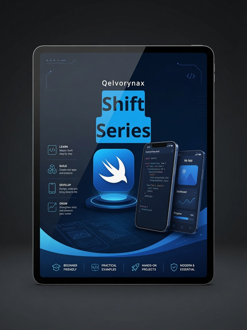 A tablet device displaying a dark blue software or app interface titled 'Qelvorynax Shift Series,' with two smartphone mockups shown on the screen against a dark studio background.