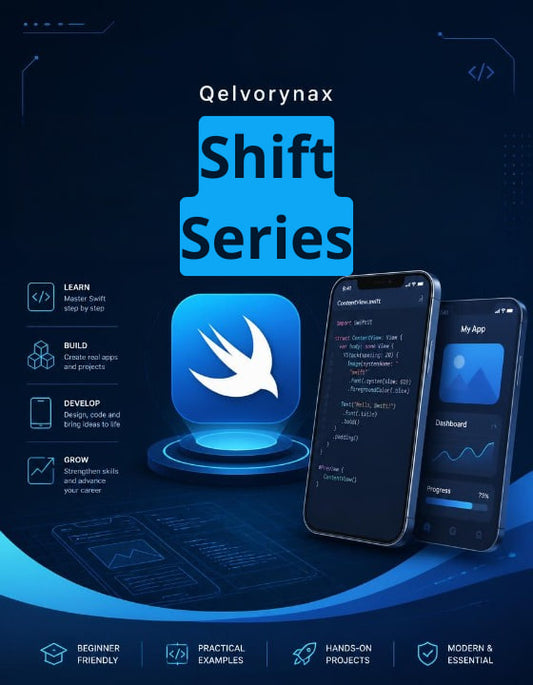 Promotional graphic for the Qelvorynax Shift Series, featuring a central blue software app icon, two smartphones displaying a dashboard and code, and text outlining learning benefits like learn, build, develop, and grow. The design uses a dark blue and cyan color scheme with a futuristic tech aesthetic.