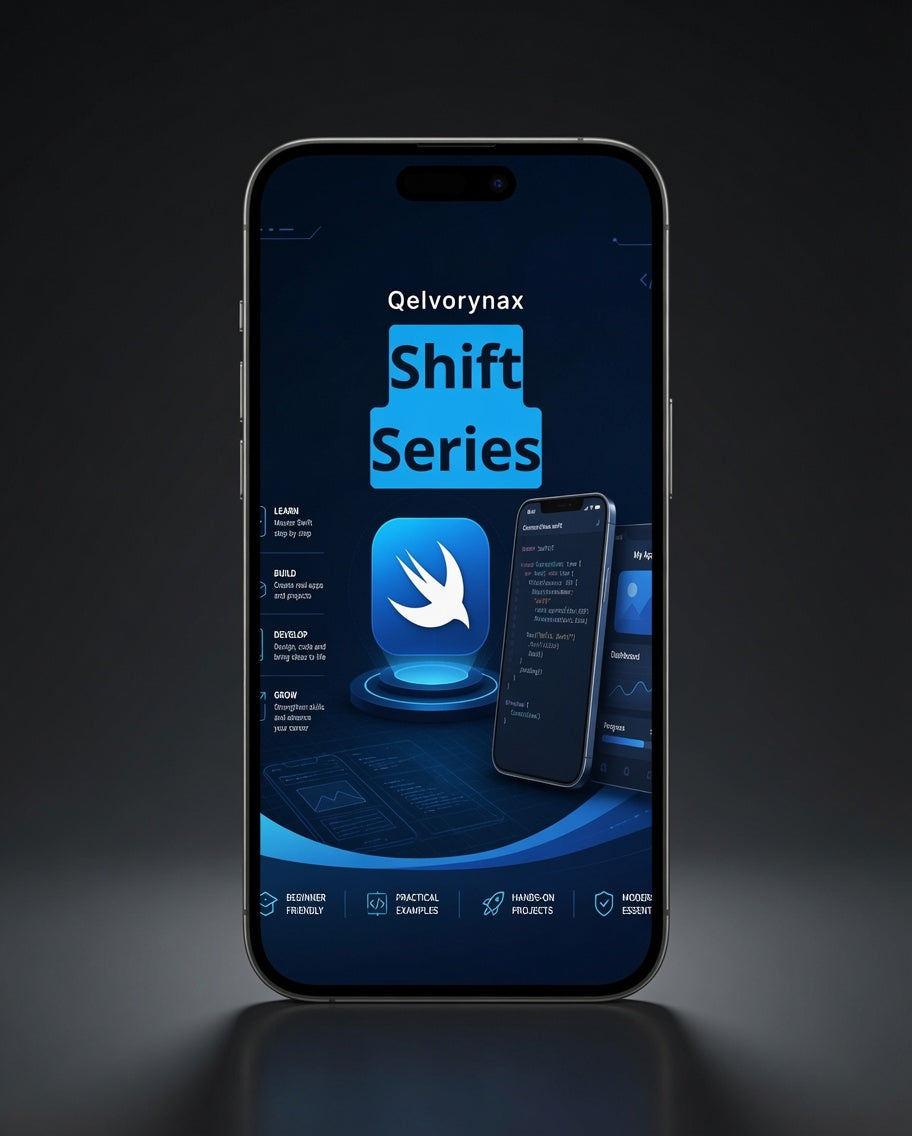 A smartphone centered on a dark studio background, displaying a blue software interface with the text 'Qelvrynax Shift Series' and app icons on the screen.